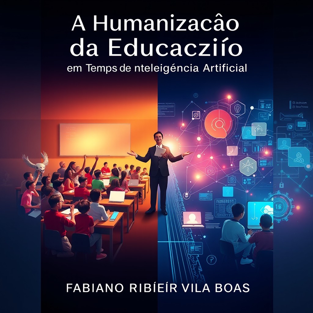 A compelling book cover for "A Humanização da Educação em Tempos de Inteligência Artificial" by Fabiano Ribeiro Vilas Boas