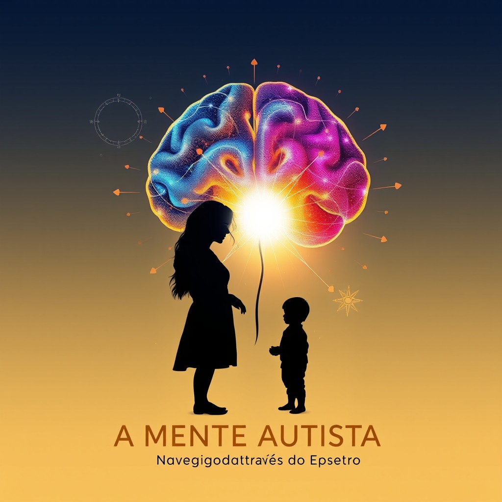 A professional book cover design about autism, featuring the silhouette of a woman with long hair standing beside a young boy, with a colorful brain in shades of blue, gold, and purple transforming into a radiant path