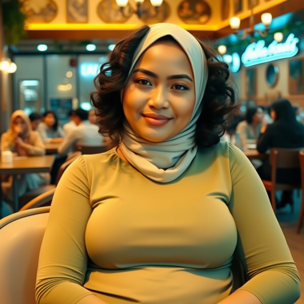 A curvy Indonesian woman wearing a cream hijab and a tight green long-sleeved shirt, sitting relaxed in a cozy cafe