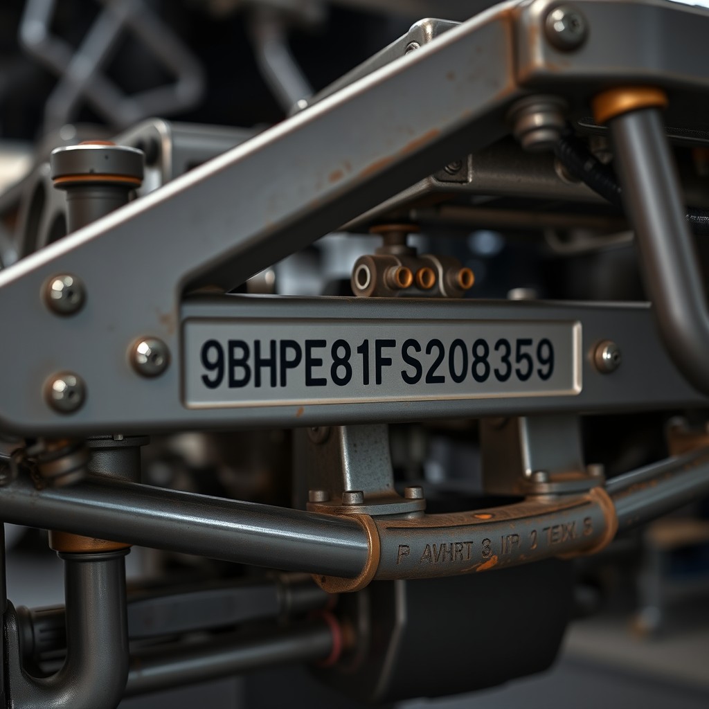 A close-up shot of a vehicle chassis showcasing a unique serial number '9BHPE81FGSP208359'
