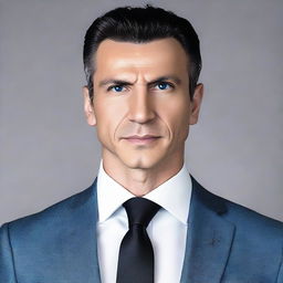 A tall and muscular Turkish man with dark blue eyes, white skin, and shorter black hair. He has a less defined jawline and is dressed in a sleek suit.