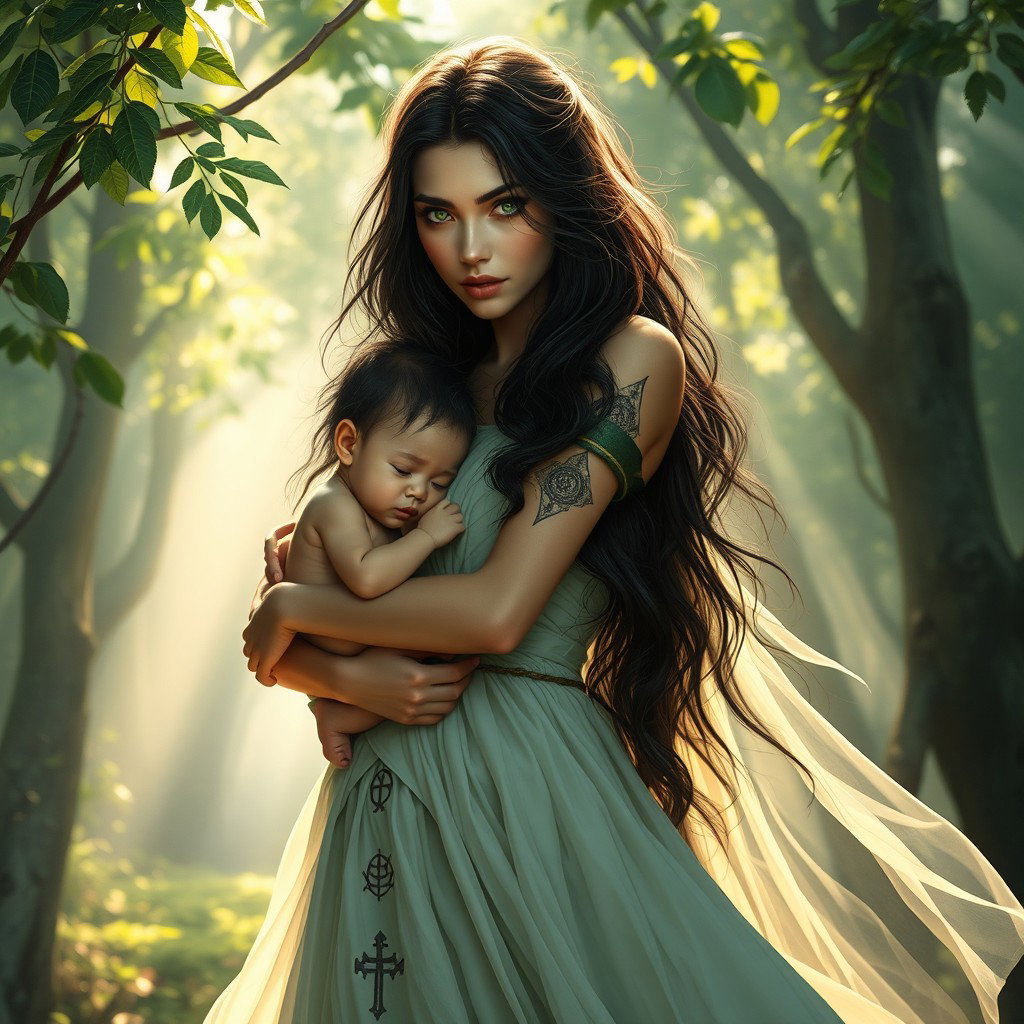 A captivating image of Lilith lovingly carrying her child, showcasing a tender moment of motherhood