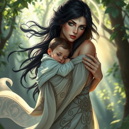 A captivating image of Lilith lovingly carrying her child, showcasing a tender moment of motherhood