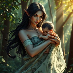 A captivating image of Lilith lovingly carrying her child, showcasing a tender moment of motherhood