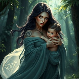 A captivating image of Lilith lovingly carrying her child, showcasing a tender moment of motherhood