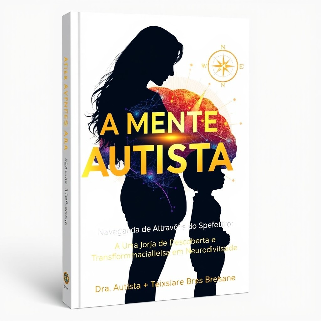 A professional book cover design about autism, featuring the silhouette of a woman with long hair standing beside a young boy, with a colorful brain in shades of blue, gold, and purple transforming into a radiant path
