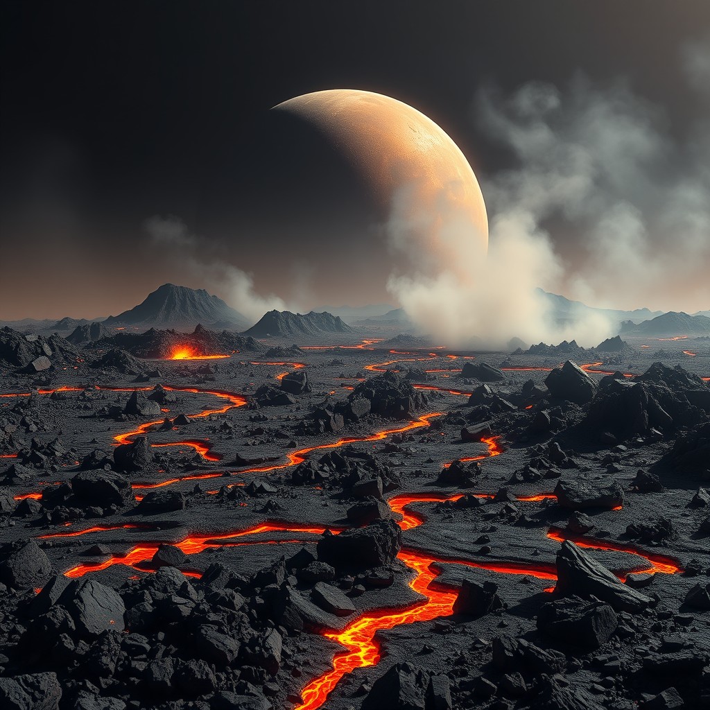 A rocky and scorching landscape with a dense atmosphere primarily composed of carbon dioxide, featuring extremely high temperatures especially near the equator