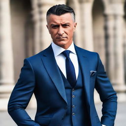 A tall and muscular Turkish man with dark blue eyes, white skin, and shorter black hair. He has a less defined jawline and is dressed in a sleek suit.