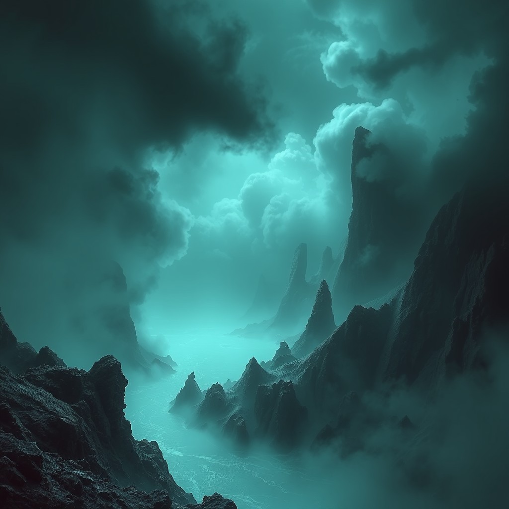A rugged alien landscape surrounded by a dense and misty atmosphere, filled with swirling clouds of corrosive gas
