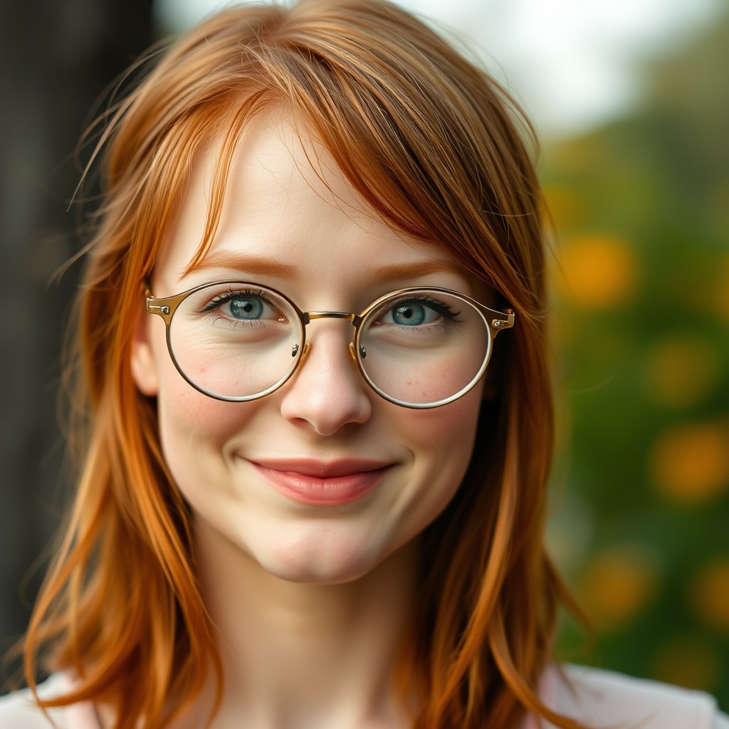 A portrait of a woman with ginger hair, adorned with charming freckles across her fair skin