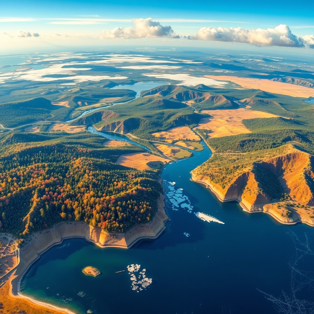 A stunning landscape featuring vast oceans, varied continents, lush forests teeming with greenery, arid deserts with golden sands, and polar regions with icy expanses