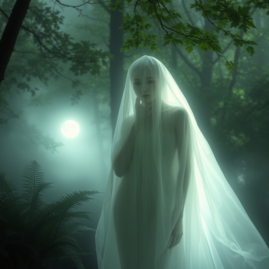 A hauntingly beautiful ghost figure in a misty forest, ethereal and translucent with flowing white garments that shimmer in the light