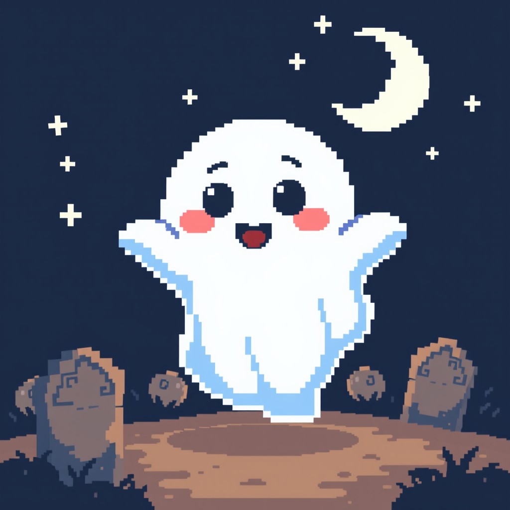 A charming pixel art depiction of a ghost, designed with a classic 8-bit style