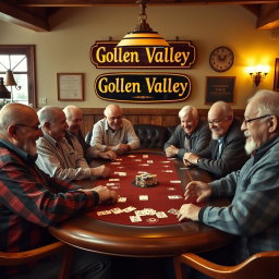 A lively scene of eight old men gathered around a large poker table, each deeply focused on their cards