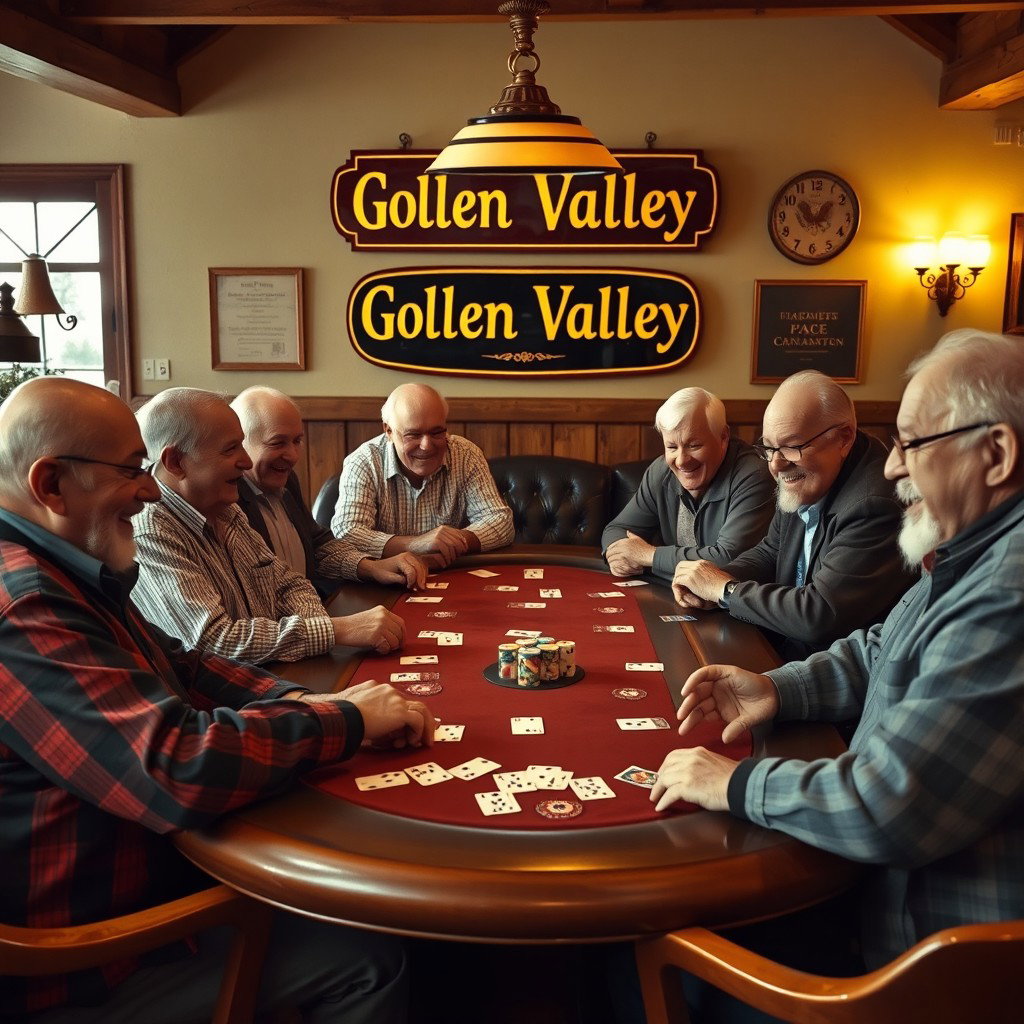 A lively scene of eight old men gathered around a large poker table, each deeply focused on their cards