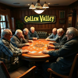 A lively scene of eight old men gathered around a large poker table, each deeply focused on their cards