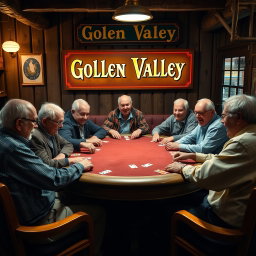 A lively scene of eight old men gathered around a large poker table, each deeply focused on their cards