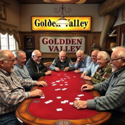 A lively scene of eight old men gathered around a large poker table, each deeply focused on their cards