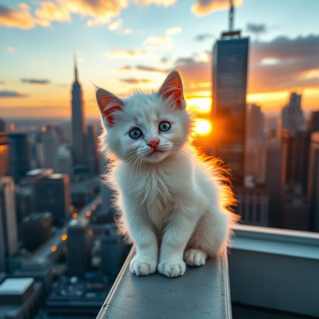 A beautiful white kitten sitting gracefully on the edge of a skyscraper roof, with a breathtaking city skyline in the background