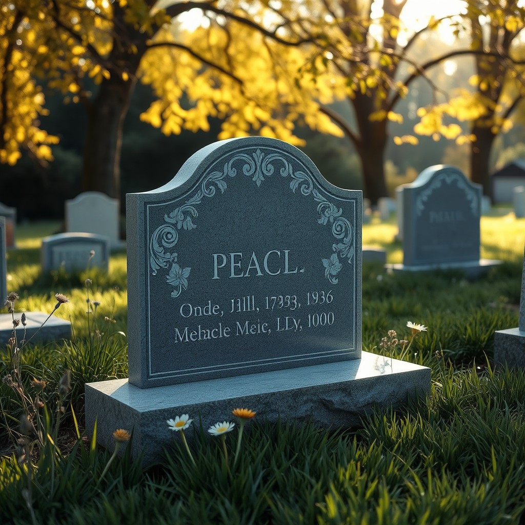 A beautiful and serene graveyard scene featuring a delicately engraved granite headstone adorned with elegant floral carvings
