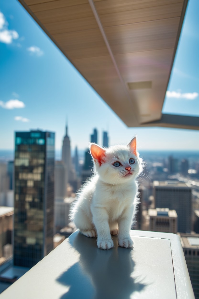 A cute white kitten sitting on the edge of a skyscraper, looking curiously at its surroundings