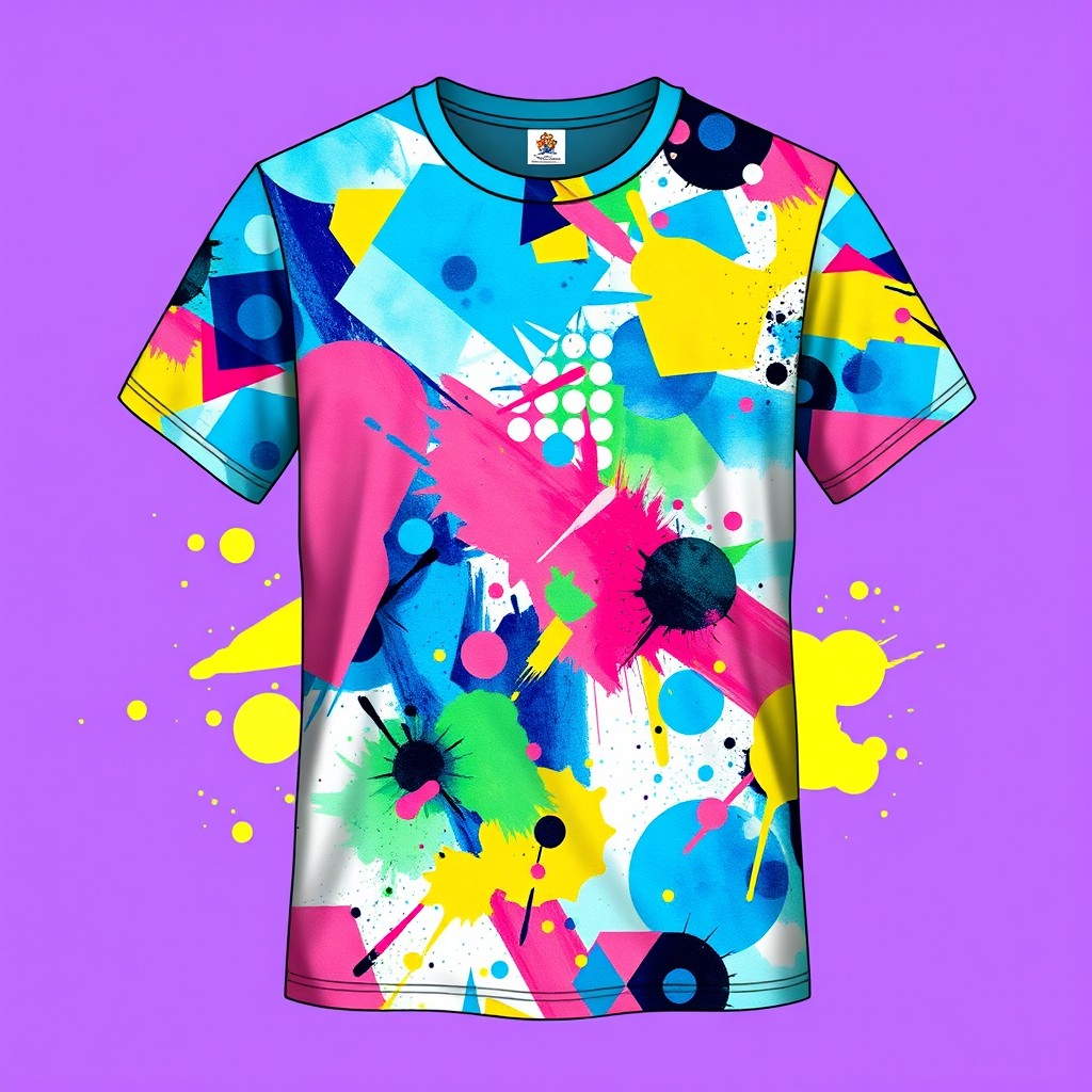 A vibrant and eye-catching t-shirt design featuring a colorful abstract pattern with geometric shapes, splashes of watercolor, and hints of pop art elements