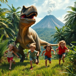 A thrilling scene of children escaping from a dinosaur in a lush, green jungle