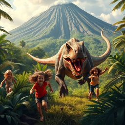 A thrilling scene of children escaping from a dinosaur in a lush, green jungle