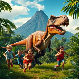 A thrilling scene of children escaping from a dinosaur in a lush, green jungle