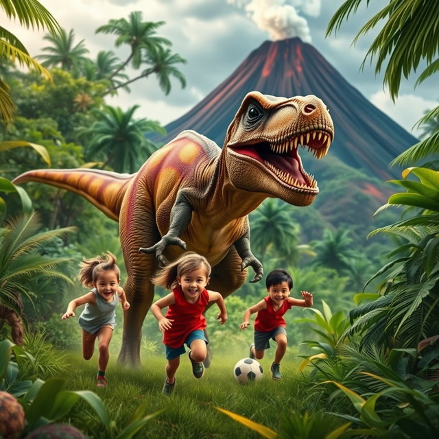 A thrilling scene of children escaping from a dinosaur in a lush, green jungle