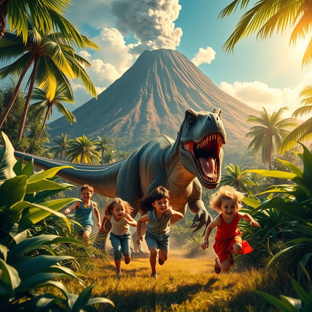 A thrilling scene of children escaping from a dinosaur in a vibrant jungle