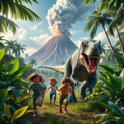 A thrilling scene of children escaping from a dinosaur in a vibrant jungle