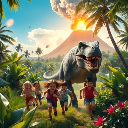 A thrilling scene of children escaping from a dinosaur in a vibrant jungle