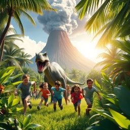 A thrilling scene of children escaping from a dinosaur in a vibrant jungle