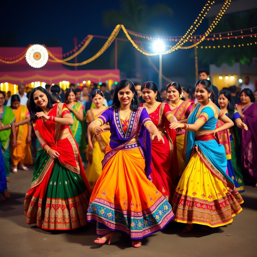 A lively scene depicting a traditional Gujarati Garba dance, featuring a group of dancers dressed in colorful, vibrant traditional attire with intricate embroidery
