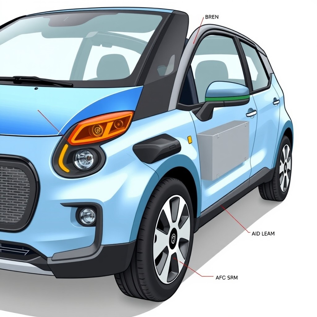 A technical illustration of a modern electric car, specifically the BYD Dolphin Mini, captured from a side view
