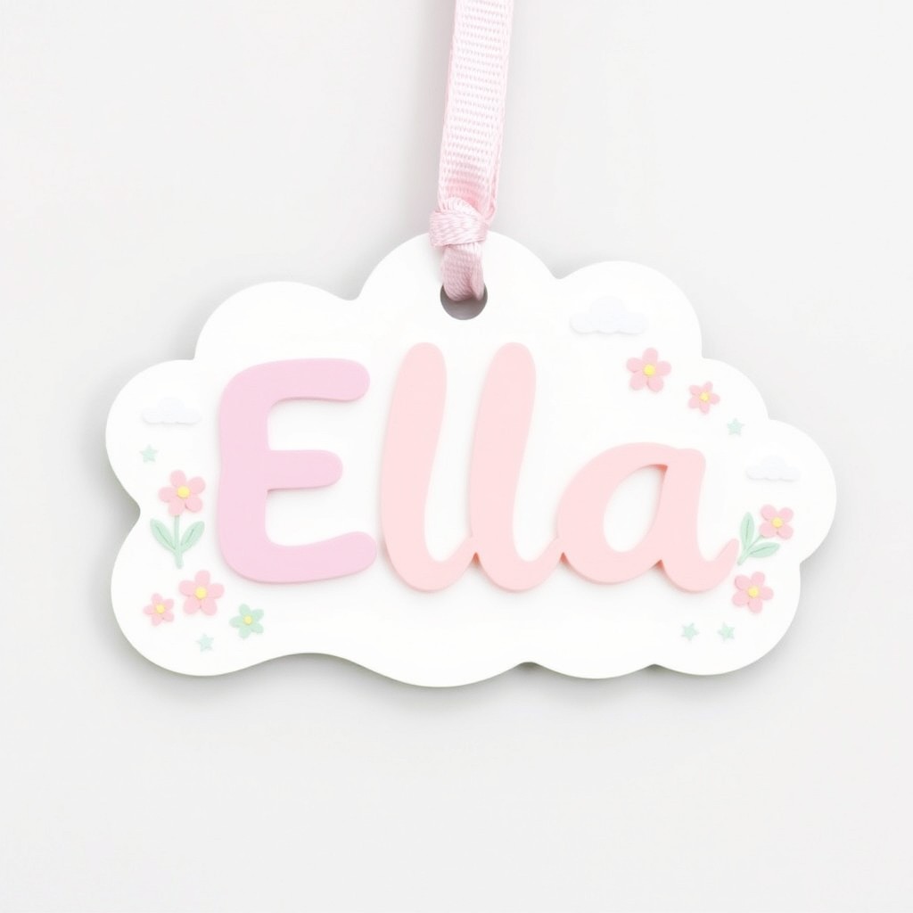 A cute and colorful name tag for a newborn baby girl, featuring pastel colors like pink, lavender, and mint green