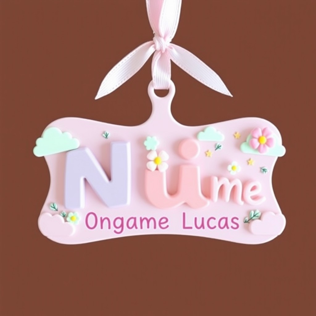 A cute and colorful name tag for a newborn baby girl, featuring pastel colors like pink, lavender, and mint green