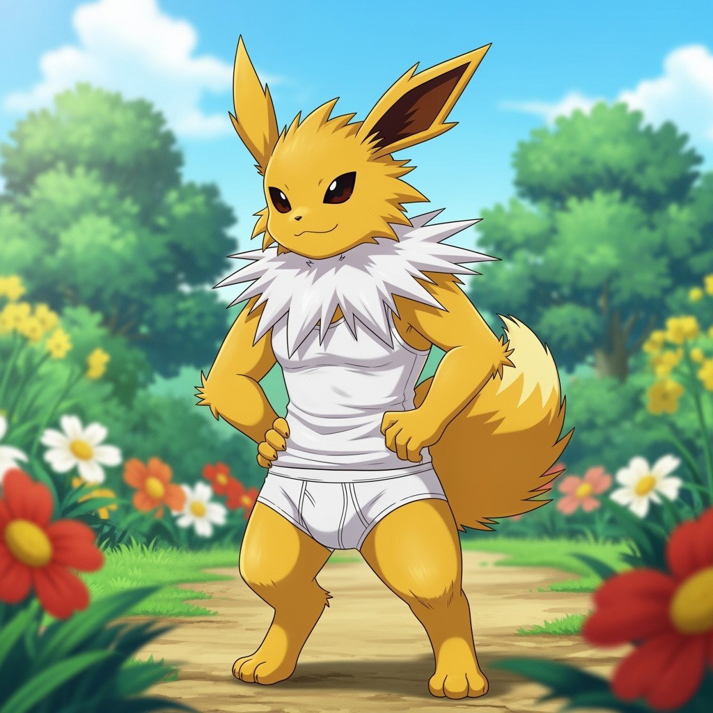 A male Jolteon character, showcasing his fluffy yellow fur and pointy ears, wearing a snug white tank top and white underwear