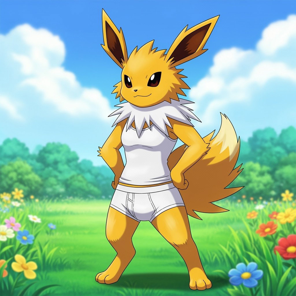 A male Jolteon character, featuring bright yellow fur and expressive large ears, confidently dressed in a form-fitting white tank top and matching white underwear