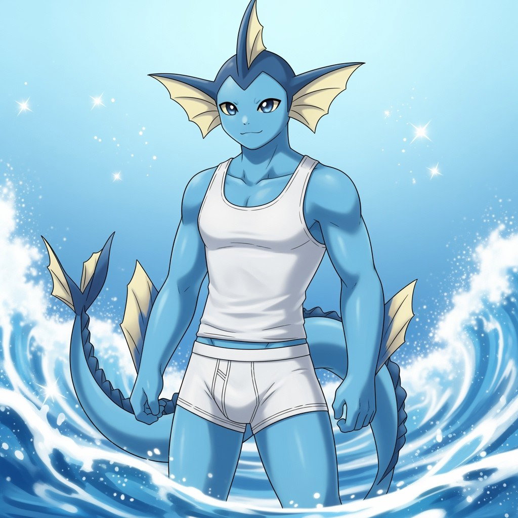 A male Vaporeon character, featuring smooth blue fur and elegant fins, wearing a snug white tank top and matching white underwear