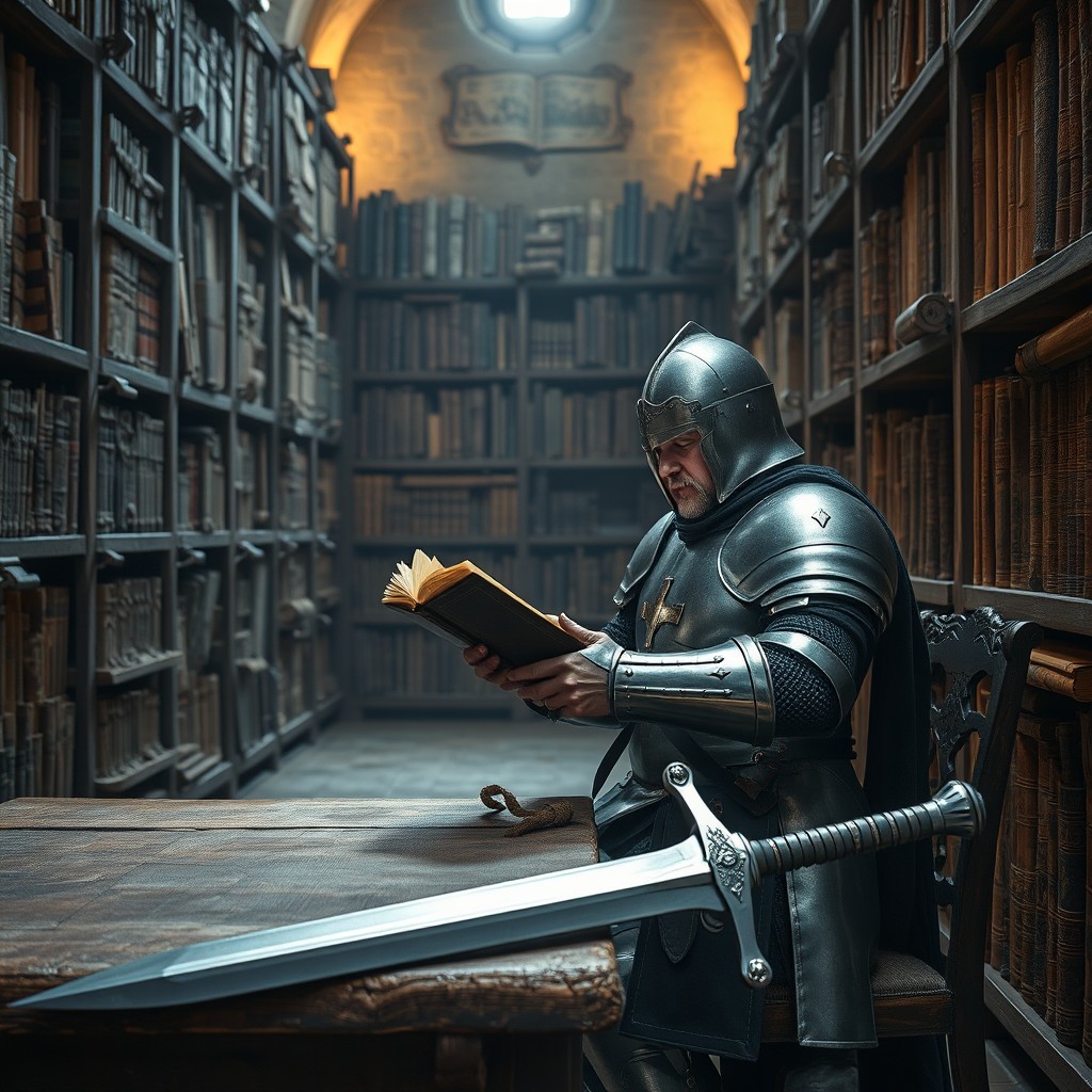 A knight dressed in full armor, wearing a closed helmet, is peacefully reading a book in an ancient library