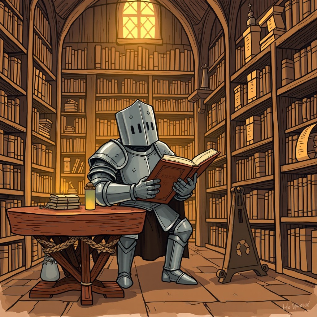 A knight in full armor, wearing a square-shaped closed helmet, is reading a book in a library that exudes a similar charm to the provided context