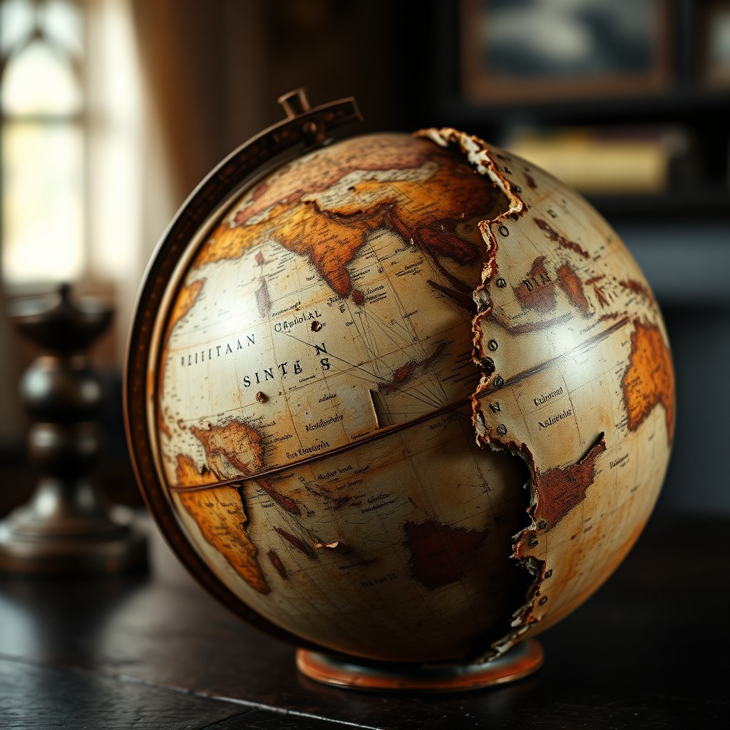 A rusty and broken globe, showcasing intricate details of the world map with visible wear and tear