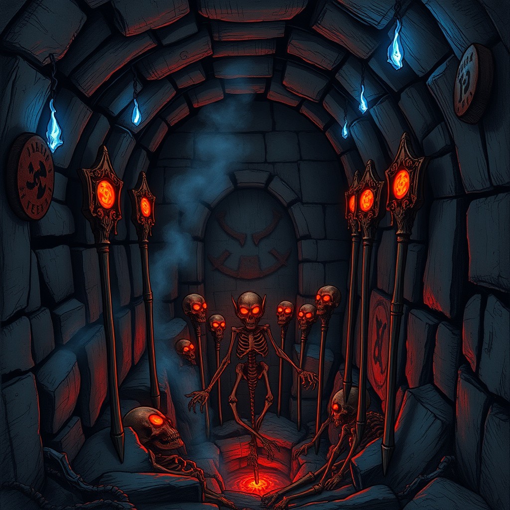 A dark fantasy dungeon corridor viewed from the front, featuring a deep pit with eight rusty, bone-reinforced iron spears and several impaled skeletons