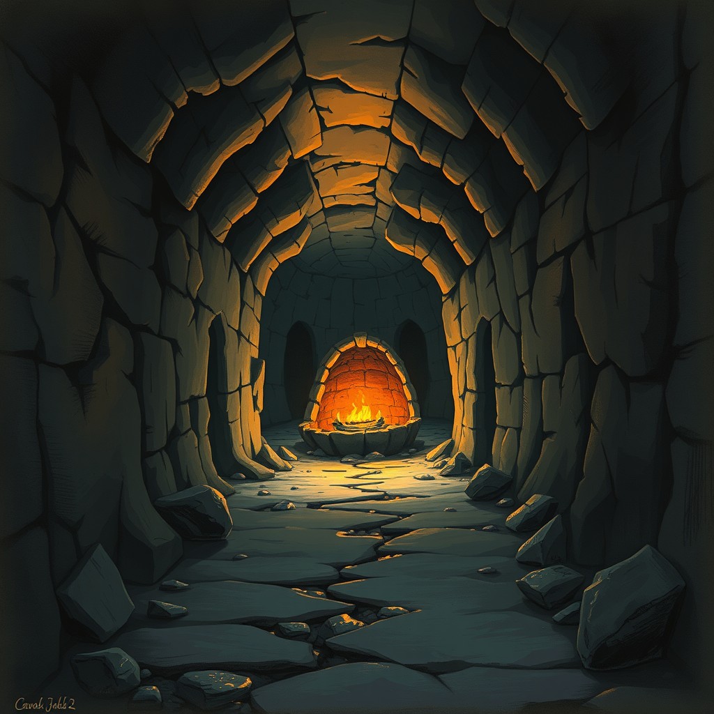 Desenho em estilo realista de um corredor de masmorra, inspirado em dark fantasy, com uma armadilha de fosso no meio do caminho, contendo lanças aguçadas e ameaçadoras