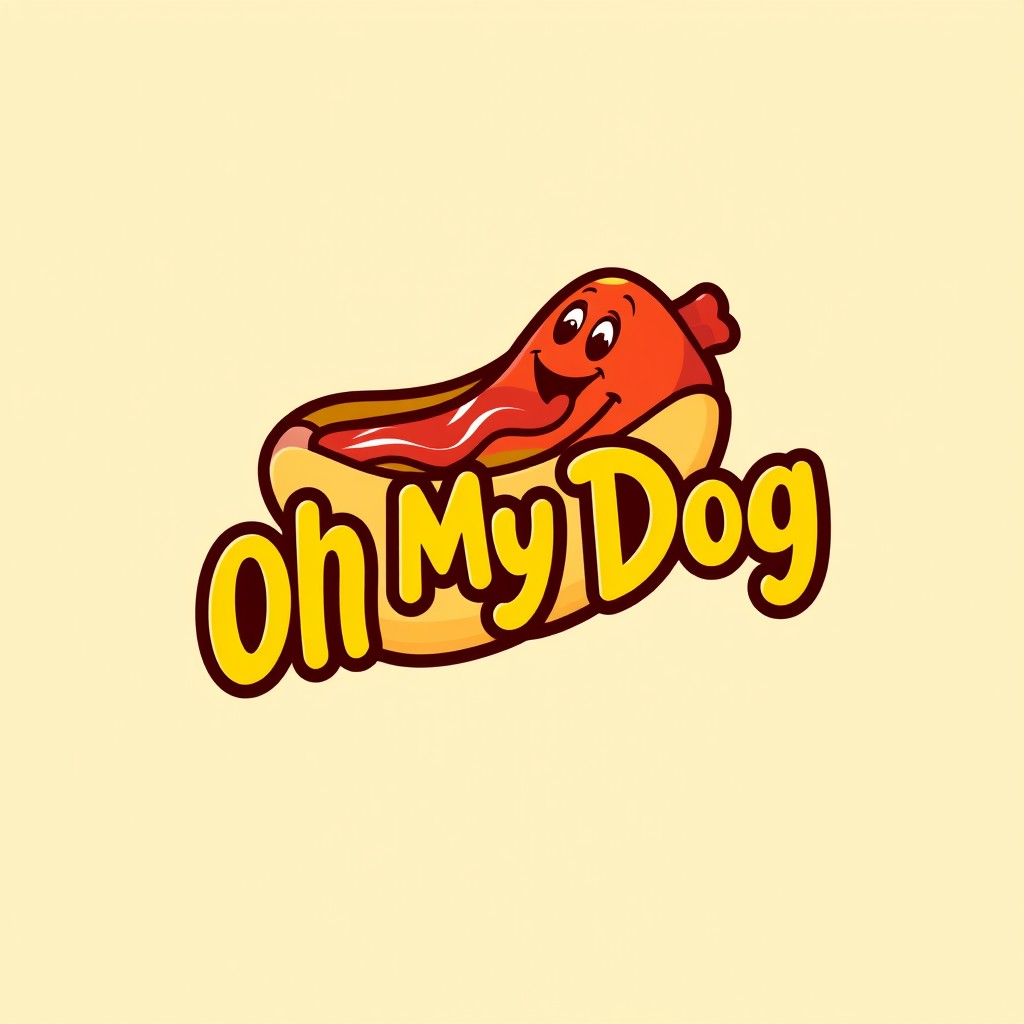 A vibrant and playful logo for a hot dog business named 'Oh My Dog'