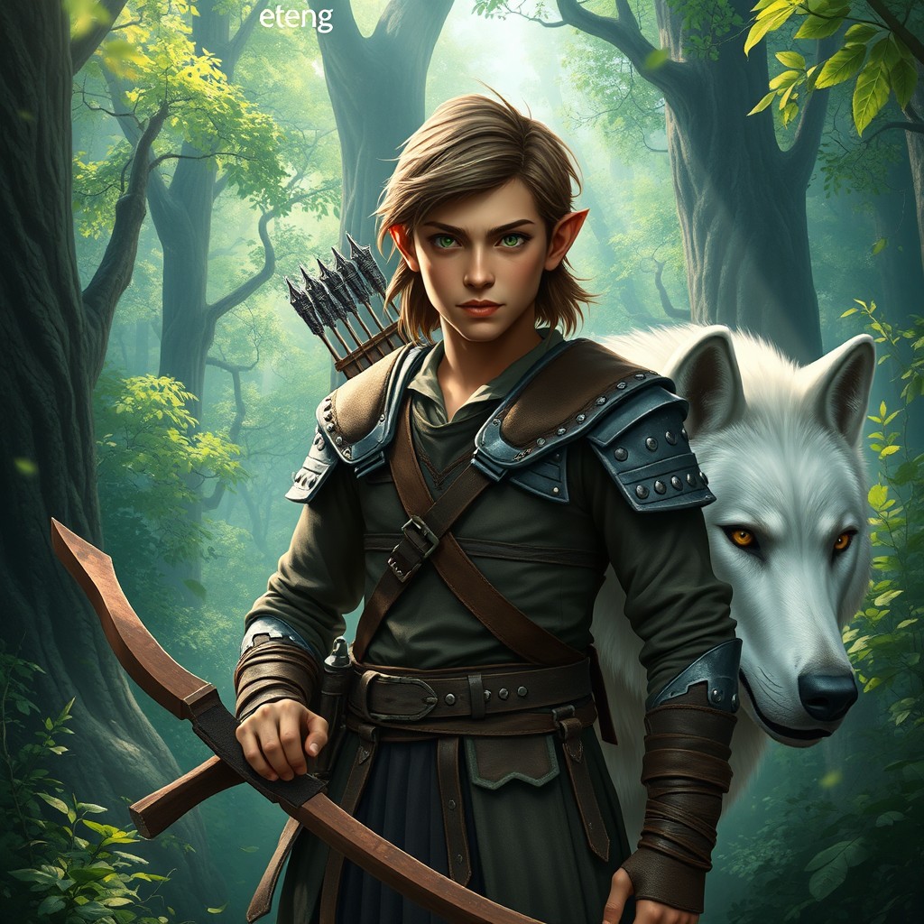 A young male wood elf ranger, 180 cm tall and 80 kg, with brown skin and shoulder-length brown hair