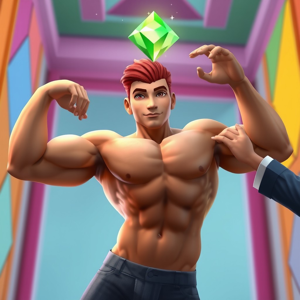 A muscular Sim character with cherry red hair, featuring an attractive, symmetrical masculine face