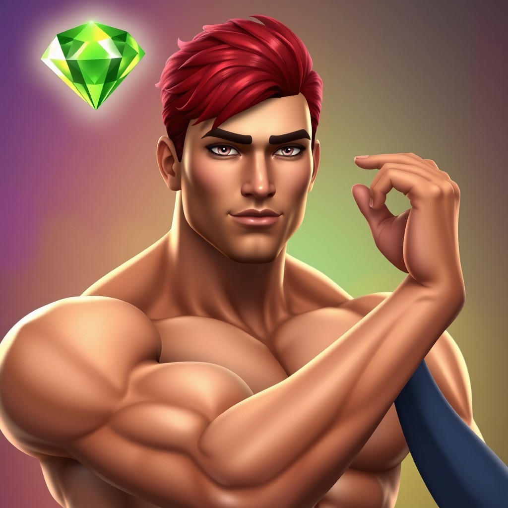 A muscular Sim character with cherry red hair, having an attractive, symmetrical masculine face